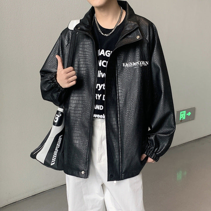 Herr Oversized Konstläder Jacka med Crocodile Embossing och Bak Logo