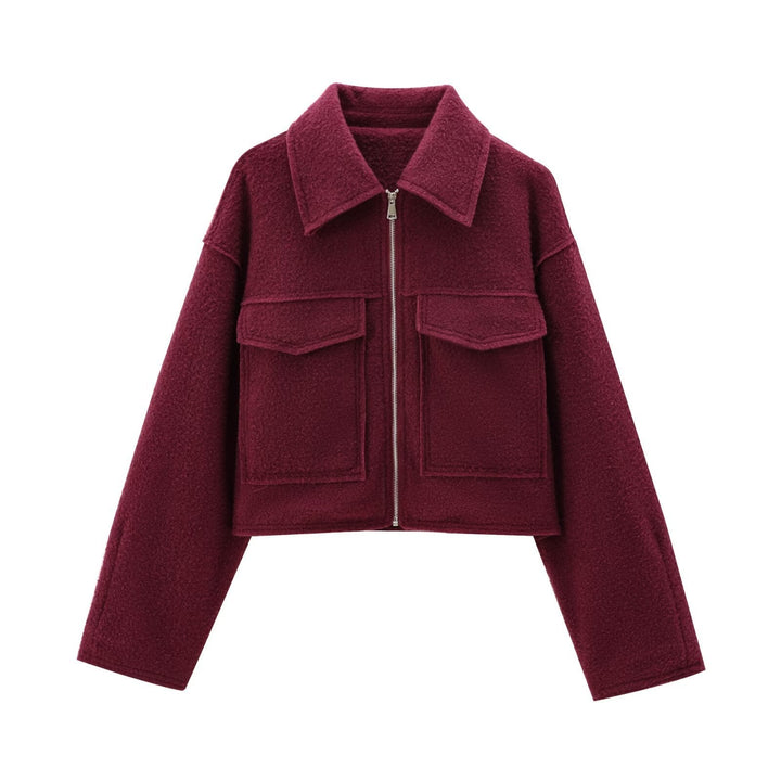 Dam kort Boucle jacka in boxig skärning med Zip och Flap fickor
