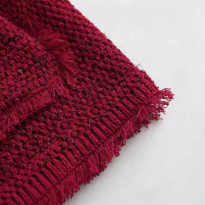 Dam Kort Bouclé Tweedjacka med Fringe Kant, Patch Fickor och Round Neckline