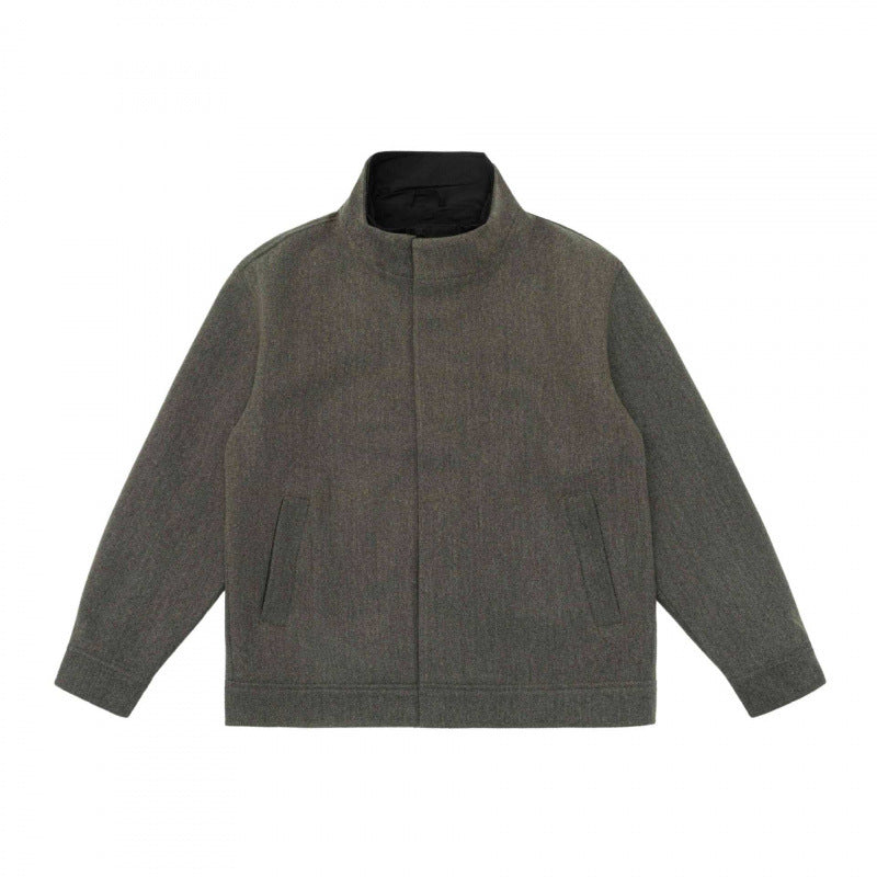Herr kort skärning ullblandning blouson jacka med ståkrage, dold knäppslå och enkel siluett