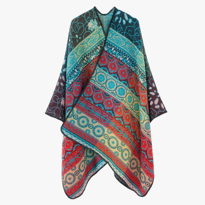 Dam Jacquard Cape med geometric ornament mönster och kontrasterande overlock seam
