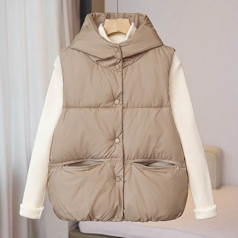 Dam non-vadderad sleeveless thermal väst med voluminous ståkrage, concealed snap knäppning och side dragkedja fickor
