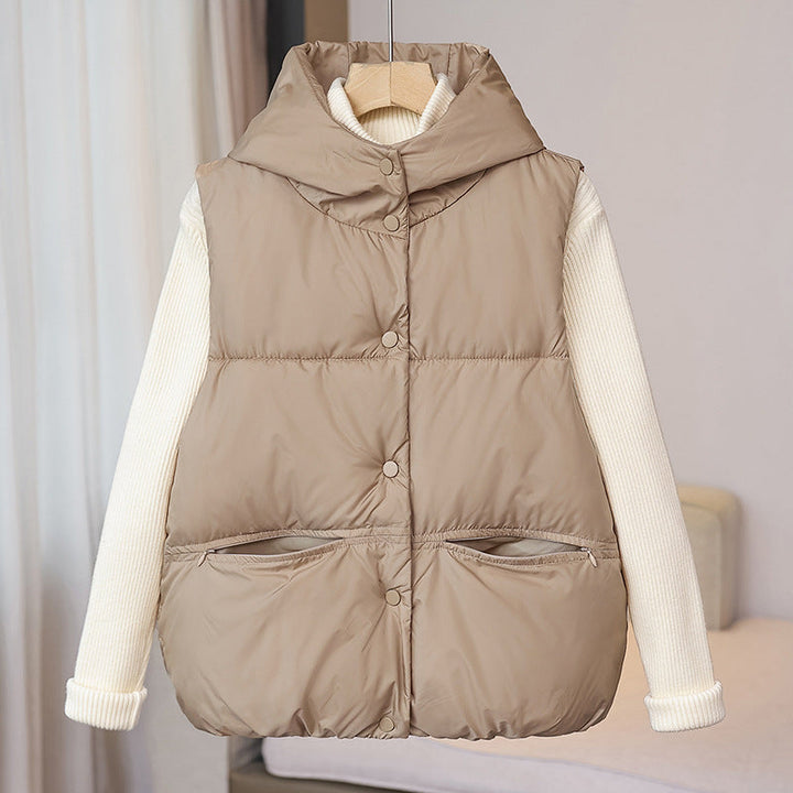 Dam non-vadderad sleeveless thermal väst med voluminous ståkrage, concealed snap knäppning och side dragkedja fickor