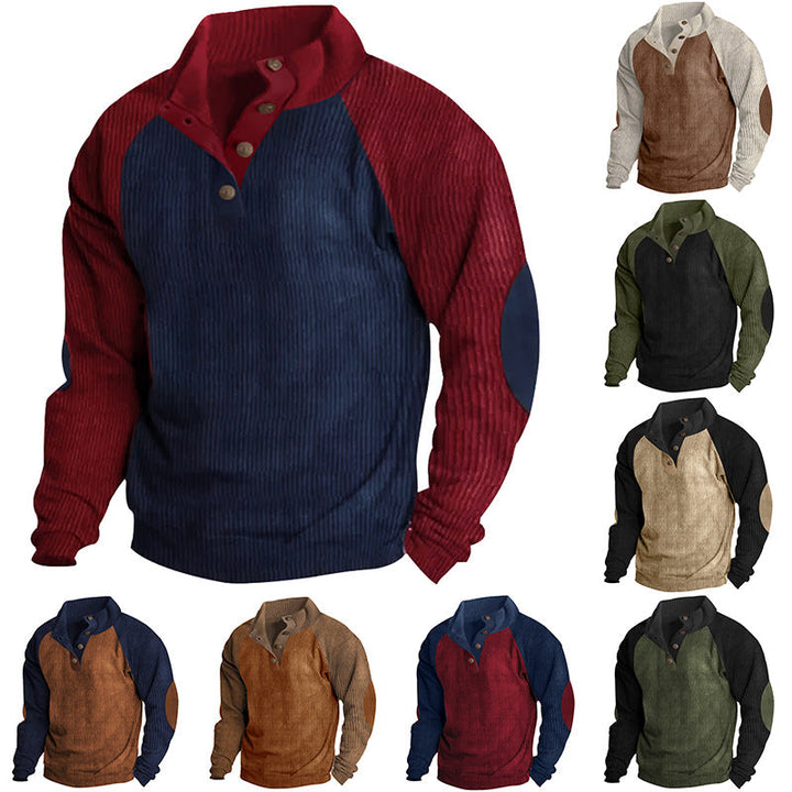Herr Strukturerad Raglan Henley Pullover med Ståkrage, Elbow Lappar &amp; Knapplist