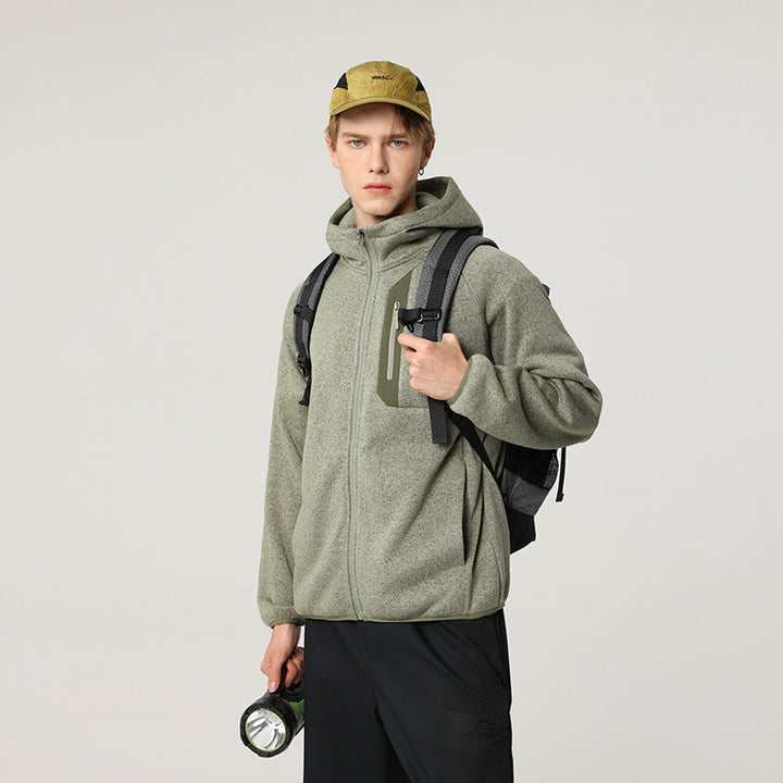 Herr Oversized med Huva Fleece Jacka med Melange Structure, Hel-Length Dragkedja och Vertical Bröstficka