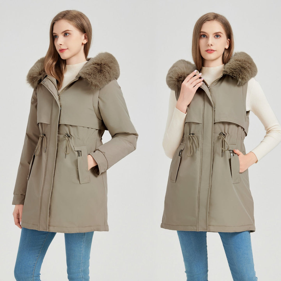 Dam funktionell parka med Avtagbar Fusk Päls Krage och Midja Drawstring