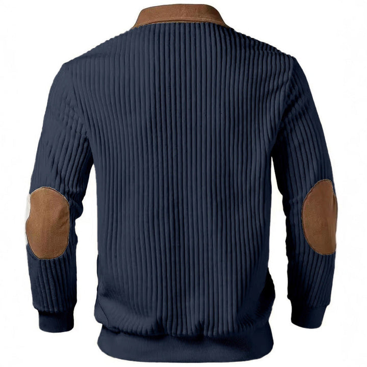 Herr Ribbad Halv Dragkedja Pullover med Contrasting Läder Appliqués On Shoulders och Elbows