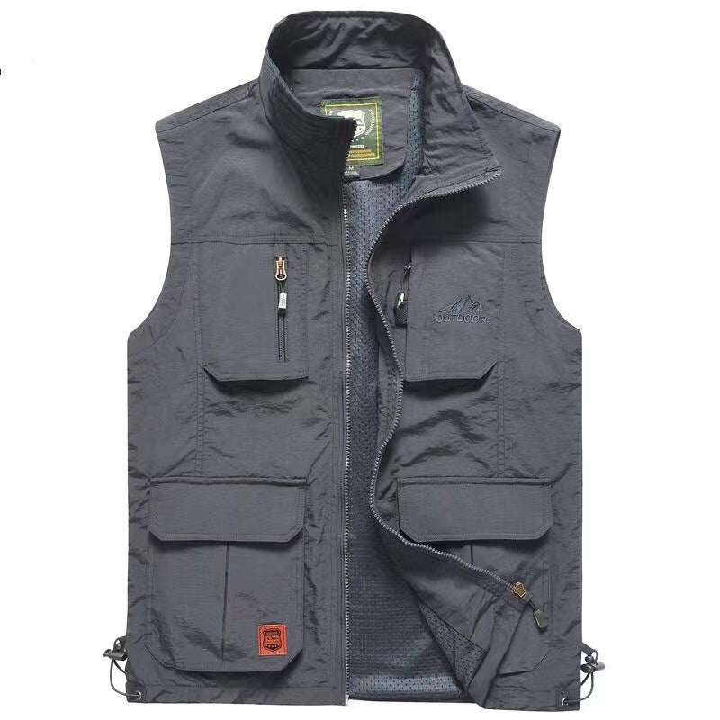 Herr Multifunctional Utomhus Väst med Mesh Foder, Dragkedjefickor och Justerbar Fåll
