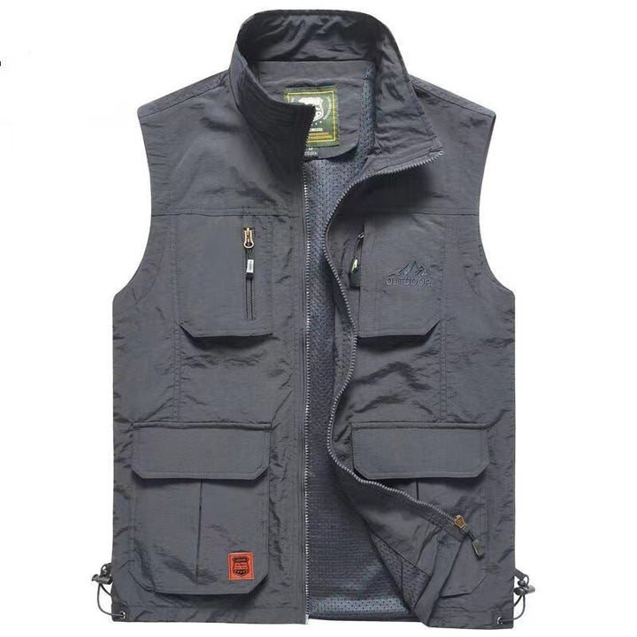 Herr Multifunctional Utomhus Väst med Mesh Foder, Dragkedjefickor och Justerbar Fåll