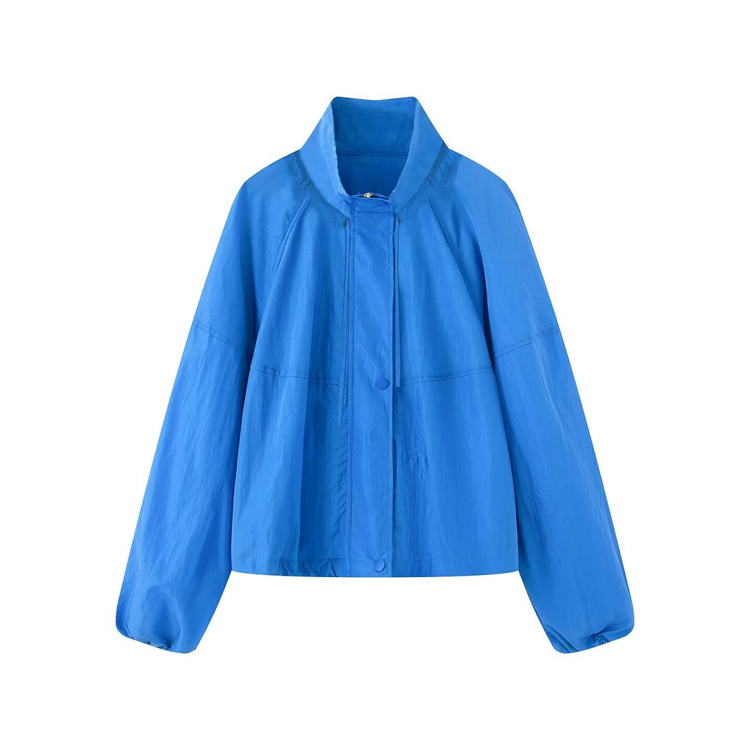 Dam Lätt Oversize Blouson Jacka Tillverkad av Nylon med Stå Krage, Drawstring och Tryckknapp Knapp Stängning