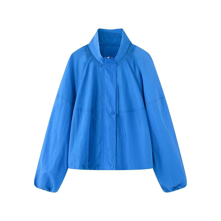 Dam Lätt Oversize Blouson Jacka Tillverkad av Nylon med Stå Krage, Drawstring och Tryckknapp Knapp Stängning