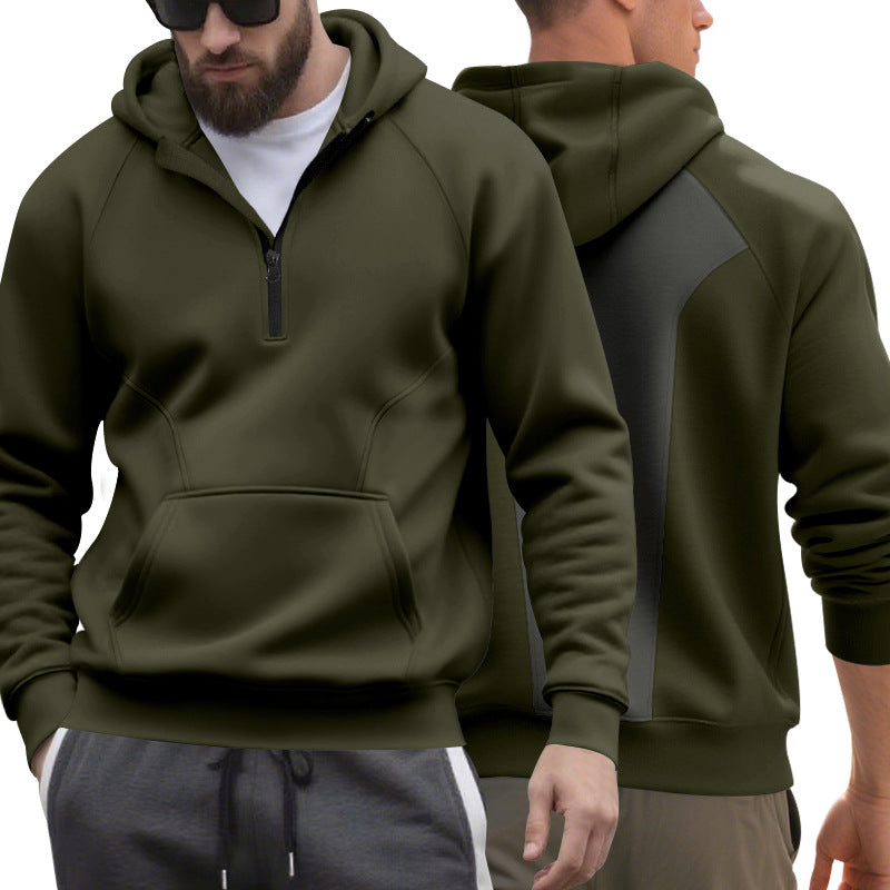 Herr Halv Dragkedja Luvtröja i Minimalistisk Softshell Look med Känguruficka och Raglanärmar