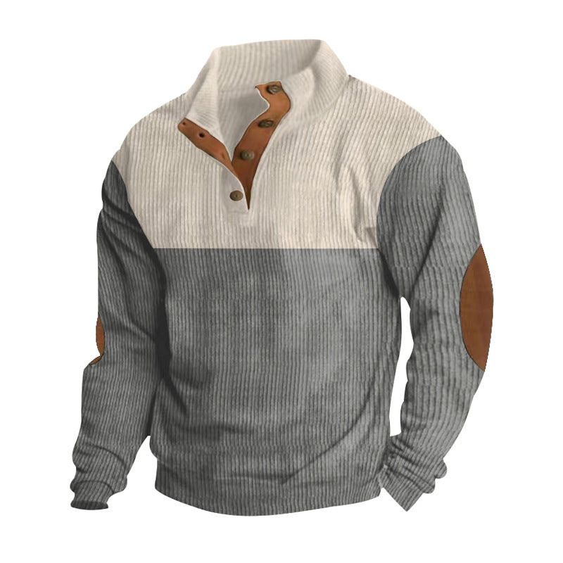 Herr Ribbad Henley Stickad Pullover med Ståkrage Contrast Yoke och Elbow Lappar