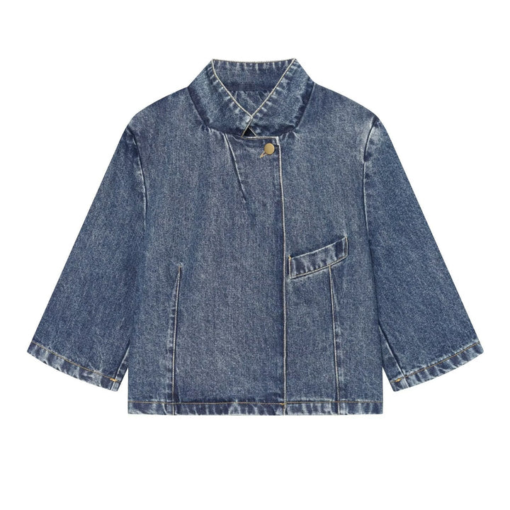 Dam Kort Jacka Tillverkad av Denim i A Boxig Skärning med Stå Krage