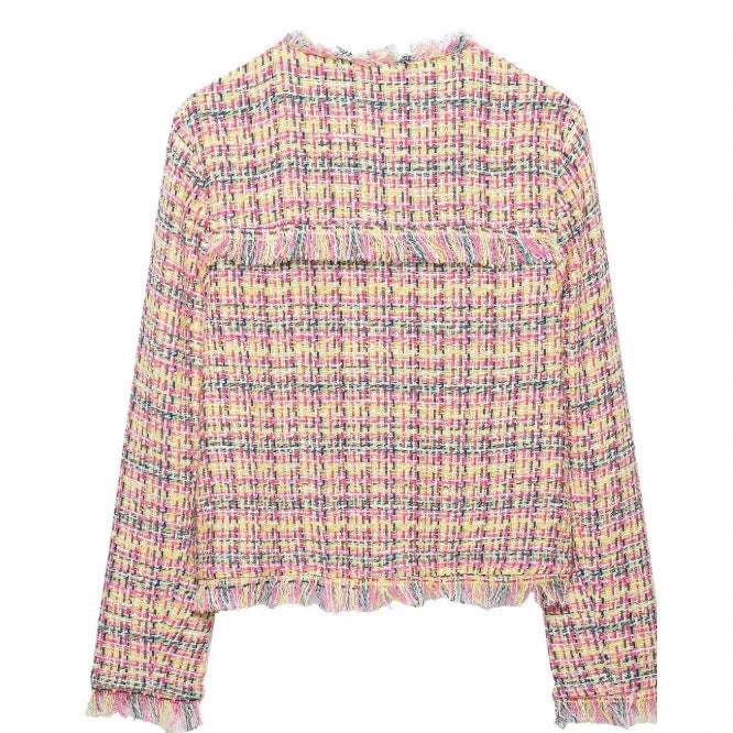 Dam Kort Bouclé-Tweed Blazer i Chanel Stil med Fringe Trims