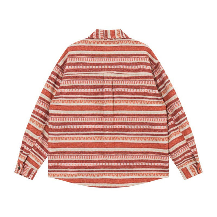 Unisex Oversized Stickad Skjorta Jacka i Ethnic Rand Mönster med Lockfickor