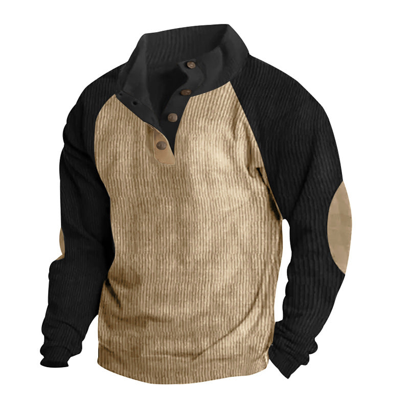 Herr Termisk Cord Pullover med Knapplist, Ståkrage, Raglanärmar, och Elbow Lappar