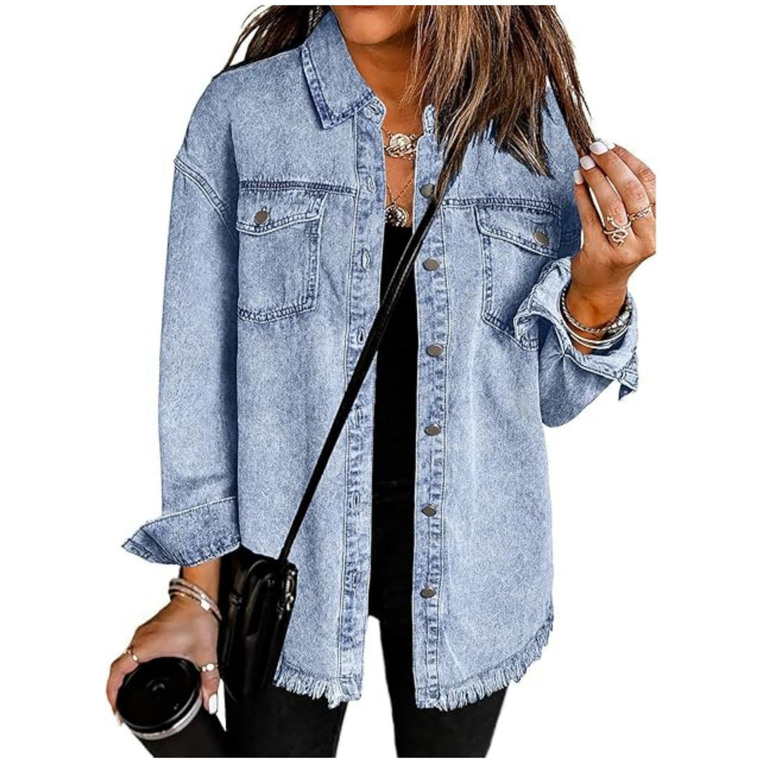 Dam oversize denim skjortjacka med Fringes och bröstfickor