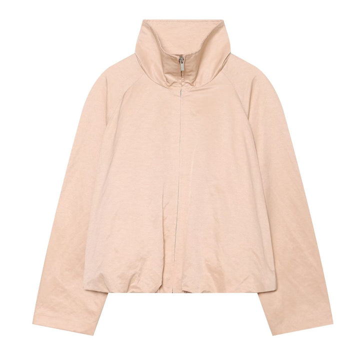 Dam Kort Windbreaker Blouson med Hög Stå Krage, Raglan Ärmar, och Drawstring Nederkant