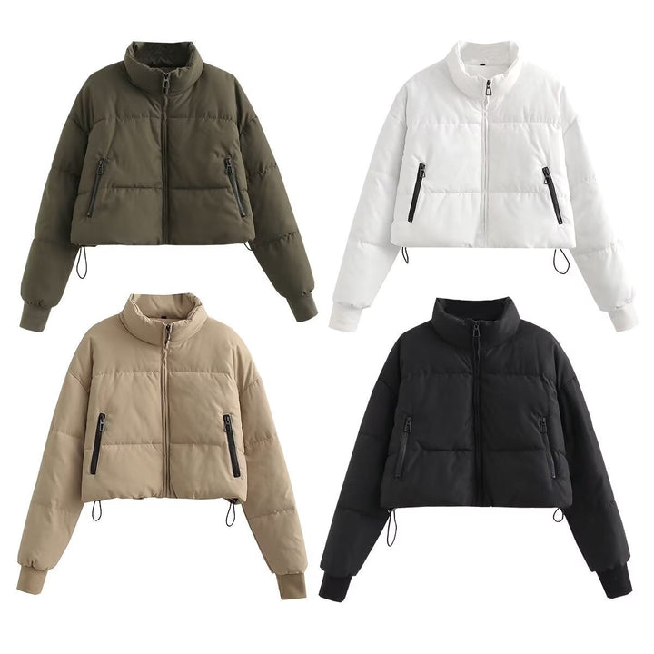 Dam nano cropped quiltad jacka med hög krage, elastiska muddar, och concealed drawstring