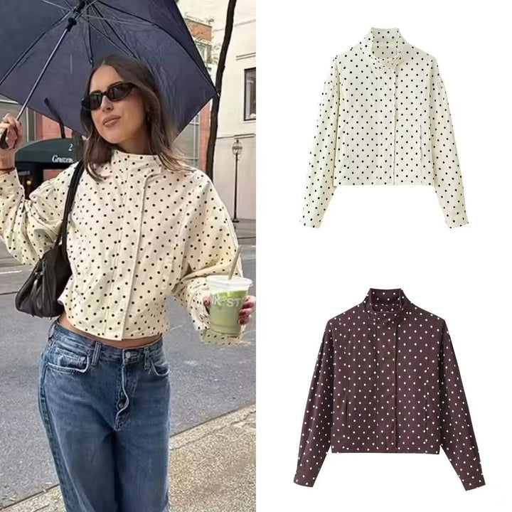 Dam Polka Dot kort jacka med Stand krage och dold Snap knappslå