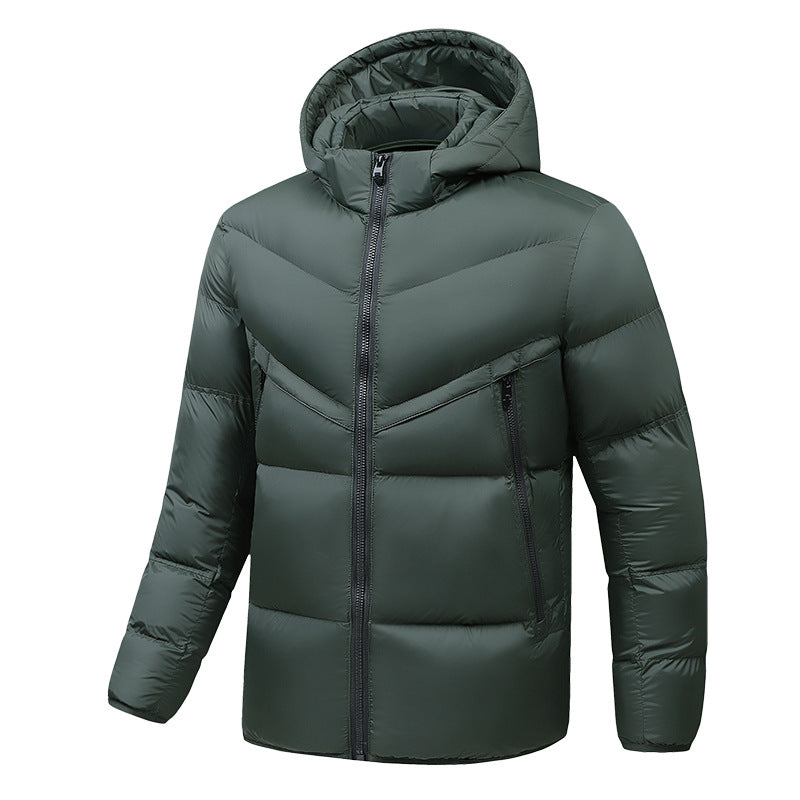 Herr Lätt Down-Look Vadderad Jacka med Huva, Vindskyddande Termisk Isolering och Vertical Zip Fickor