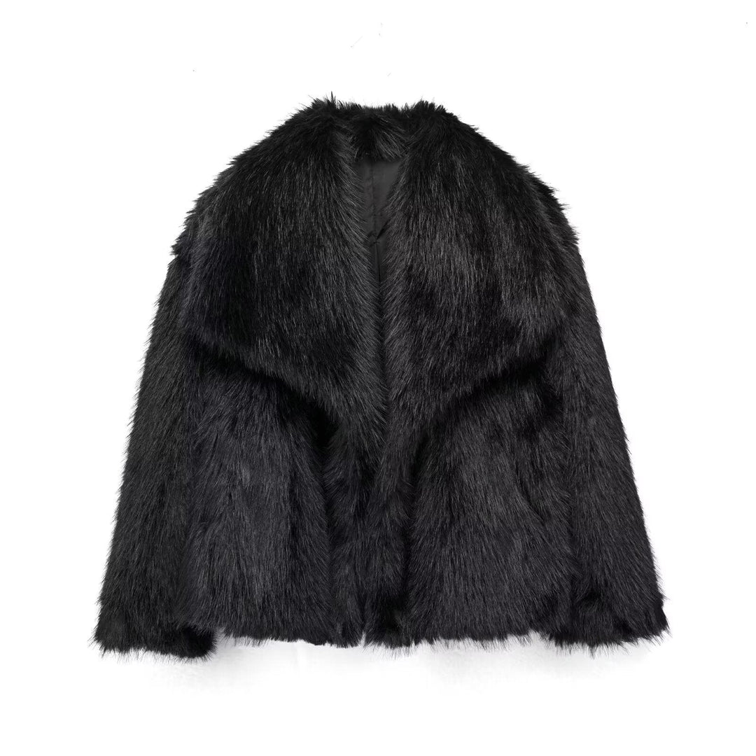 Dam kort Faux Fur jacka med Voluminous Shawl krage