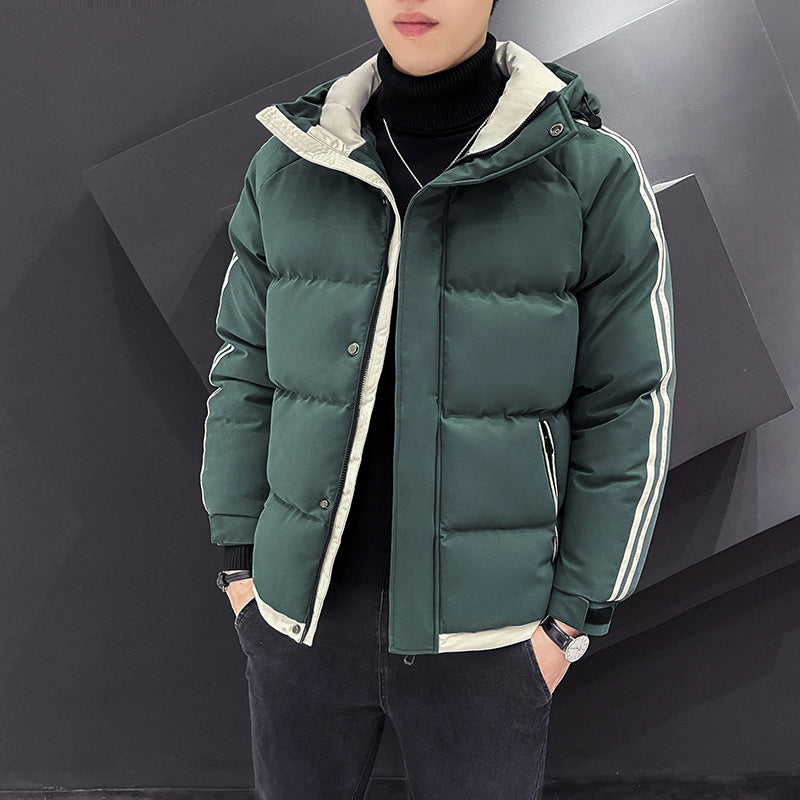 Herr Sportig Quiltad Parka med Huva, Kontrast Trim och Ärm Ränder