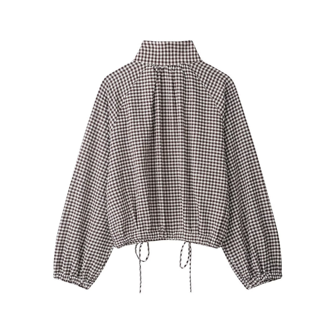 Dam Checked Blouse Jacka med Stå Krage, Balloon Ärmar och Drawstring Nederkant