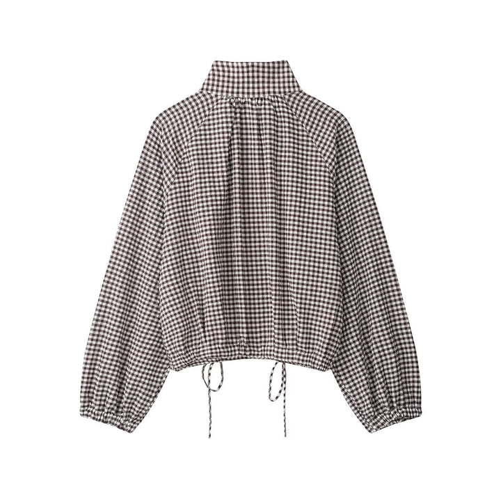 Dam Checked Blouse Jacka med Stå Krage, Balloon Ärmar och Drawstring Nederkant