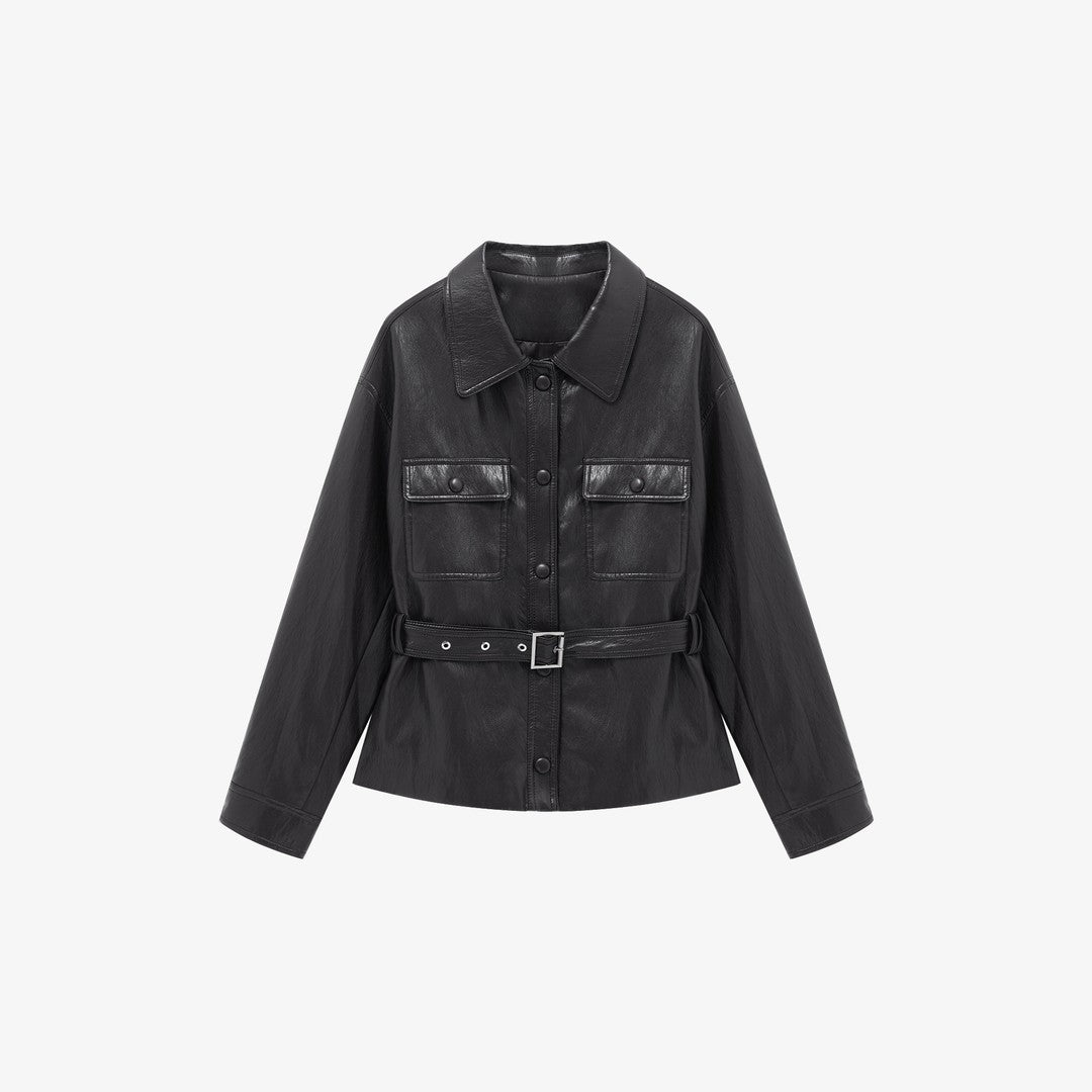 Dam läderjacka in oversize utility stil med midjebälte