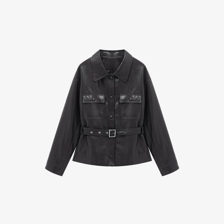 Dam läderjacka in oversize utility stil med midjebälte