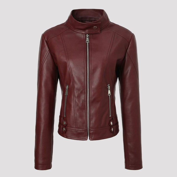 Dam kort figurnära motorcycle jacka gjord konstläder med stand krage och buckle straps