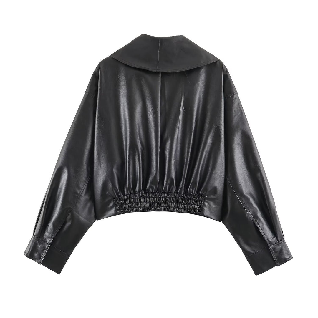Dam Kort Kort Faux Läder Blouson med Oversize Shawl Krage och Side Buckle Waist