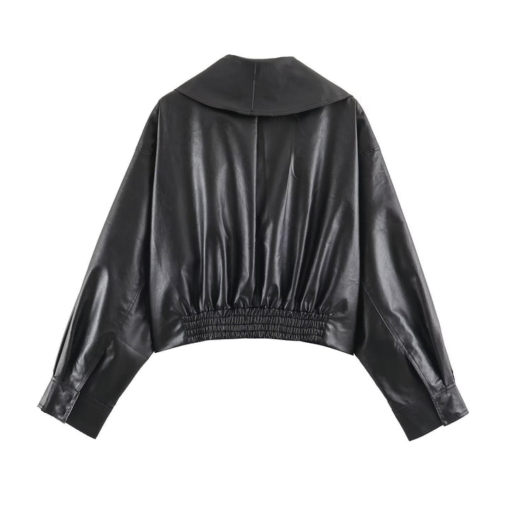 Dam Kort Kort Faux Läder Blouson med Oversize Shawl Krage och Side Buckle Waist