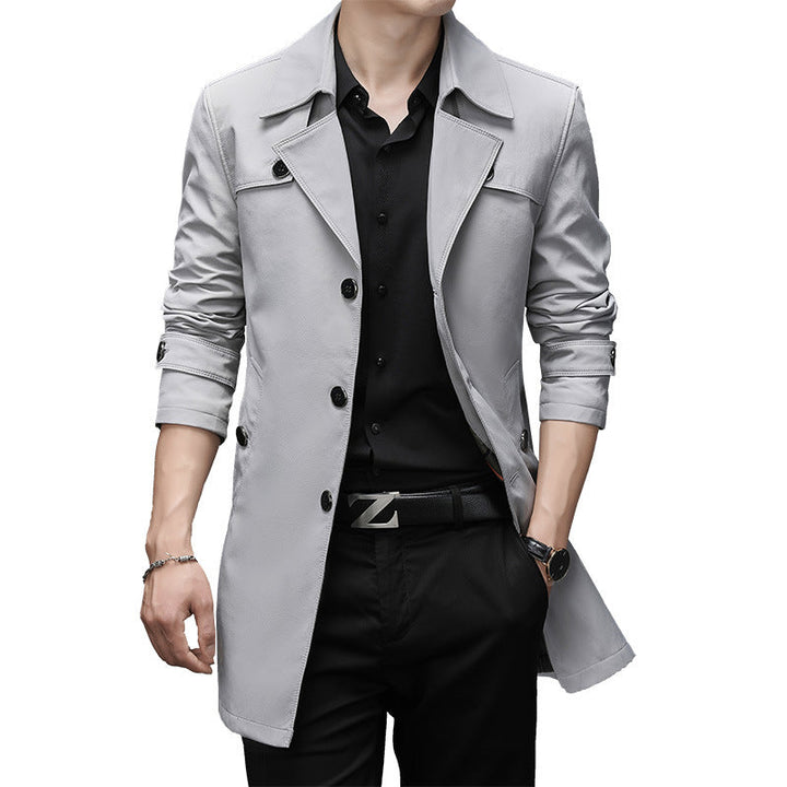 Herr Smal Passform Trenchcoat med Lapel Krage och Subtil Knapplist