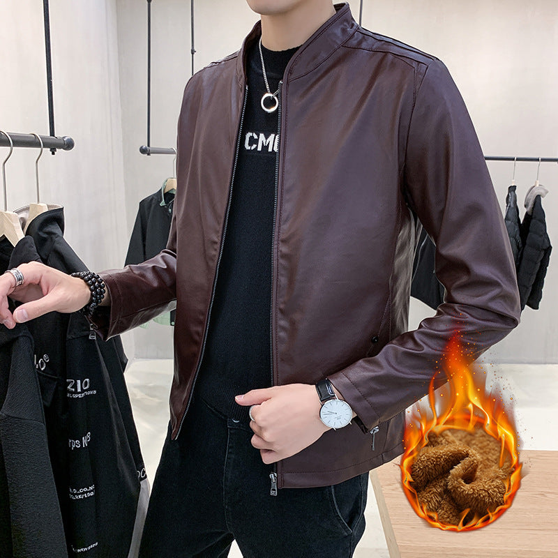 Herr Slim-Fit Konstläder Flight Jacka med Minimalistisk Ståkrage och Dold Zip Knapplist