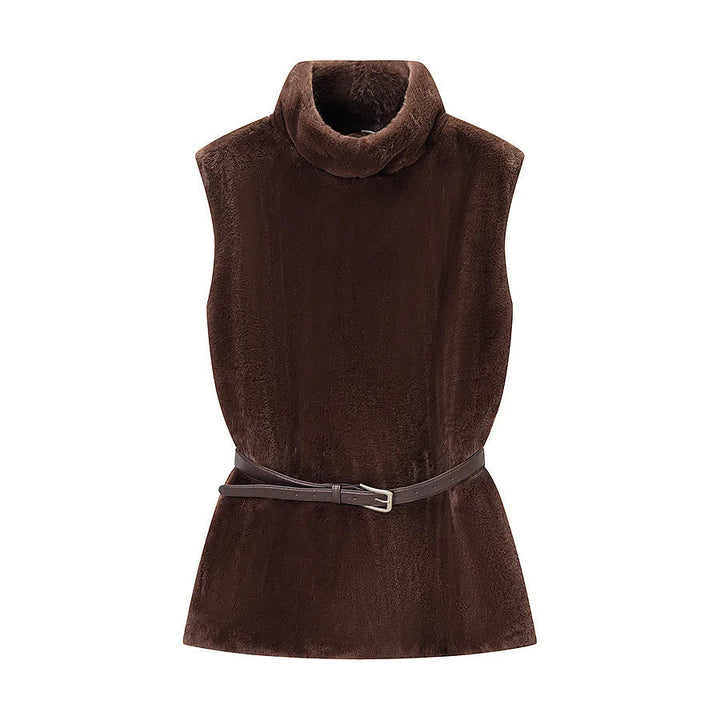 Dam sleeveless faux fur väst med high turtleneck och figursydd läder bälte