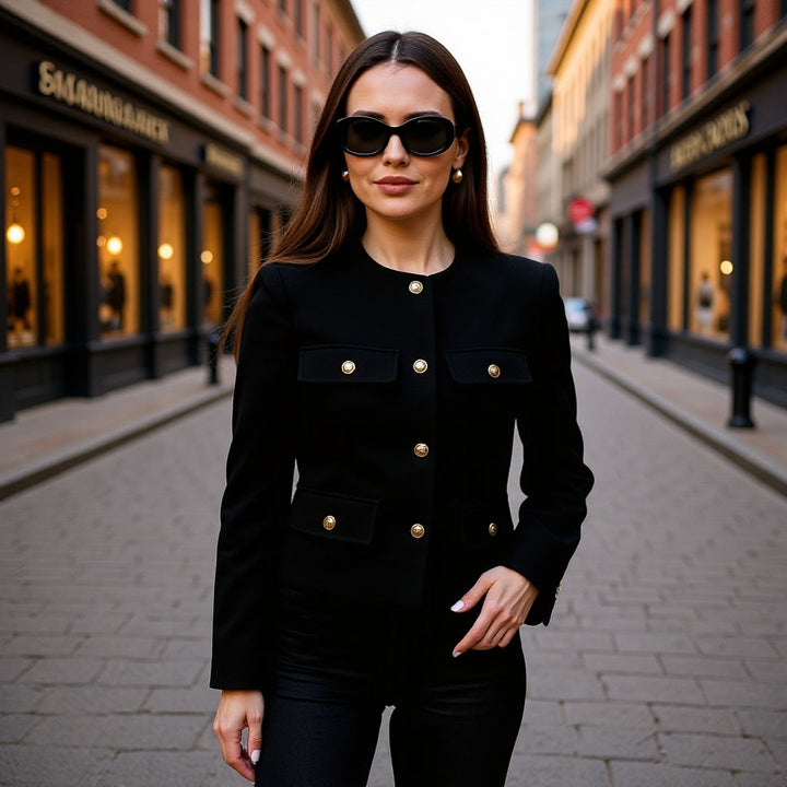 Dam kort Boucle blazer jacka med Round Neck, dekorativ ficka Flaps, och Gold-Colored knappar