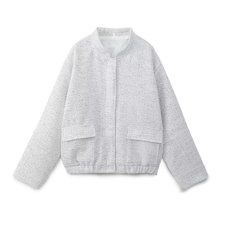 Dam avslappnad tweed jacka med kort ståkrage, concealed front, och påsydda fickor