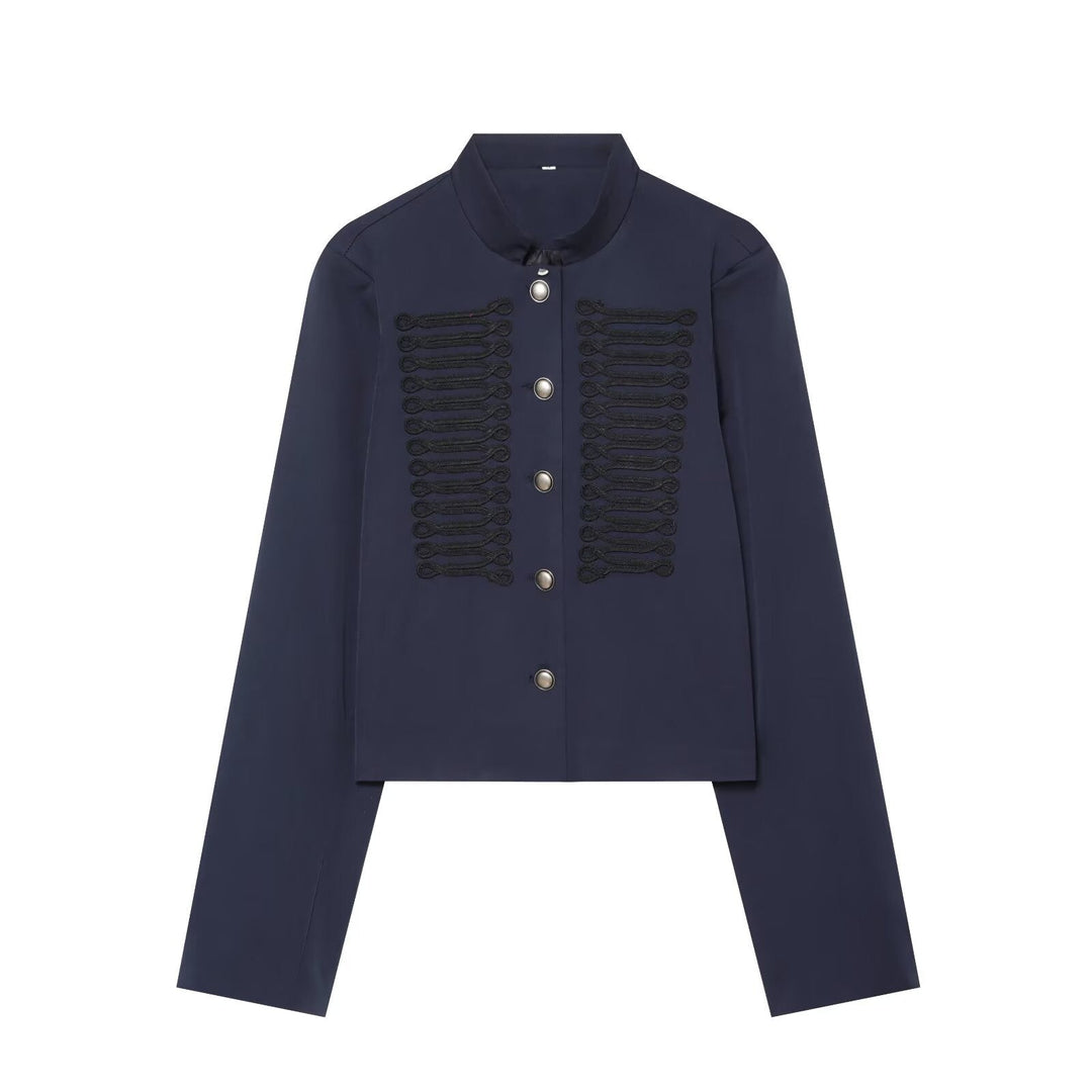 Dam Kort Blouson i Military Stil med Dekorativ Cords och Stå Krage
