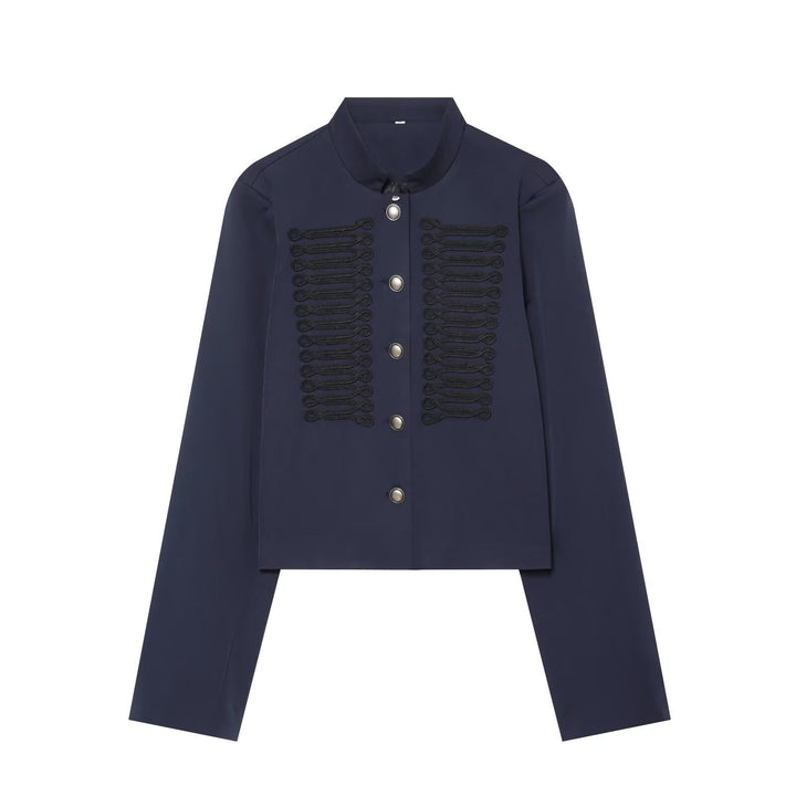 Dam Kort Blouson i Military Stil med Dekorativ Cords och Stå Krage