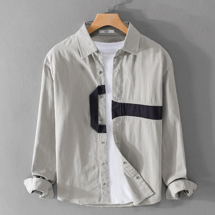 Herr Casual Overshirt Skjorta med Geometrisk Kontrast Rand och Tryckknapp Slå