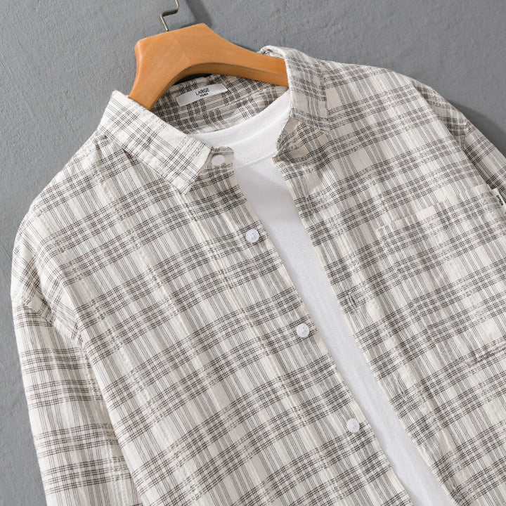 Herr Rutig Bomull Overshirt i Avslappnad Passform med Bröstficka och Soft-Touch