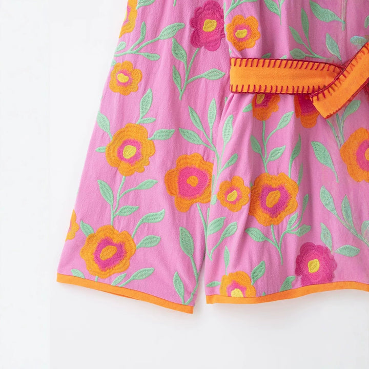 Dam Embroidered Kort Kimono Tillverkad av Bomull Blend med Tied Belt och V-Neck