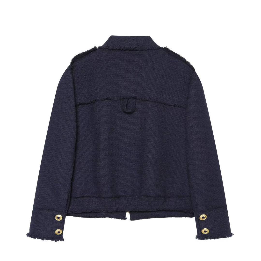 Dam Bouclé Tweed Kort Jacka med Fringe Kant, Epaulettes och Patch Fickor