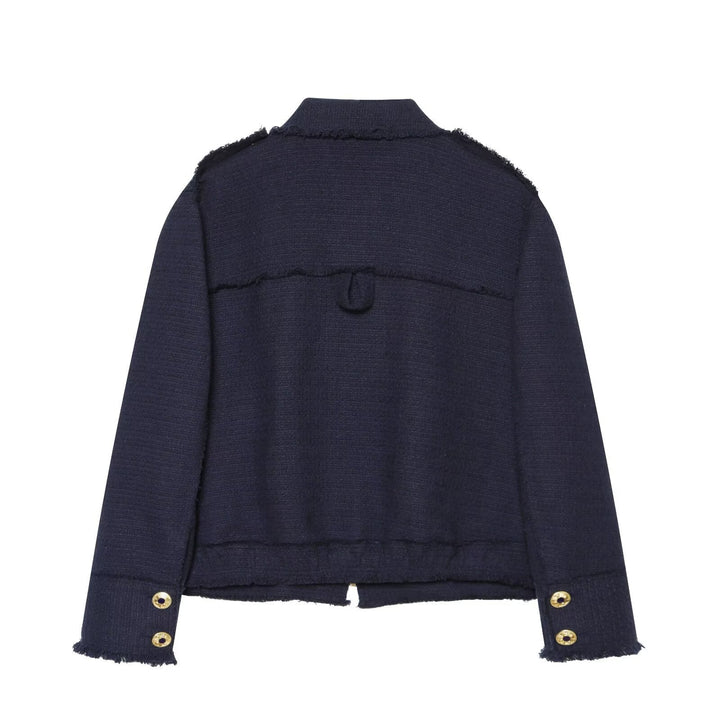 Dam Bouclé Tweed Kort Jacka med Fringe Kant, Epaulettes och Patch Fickor
