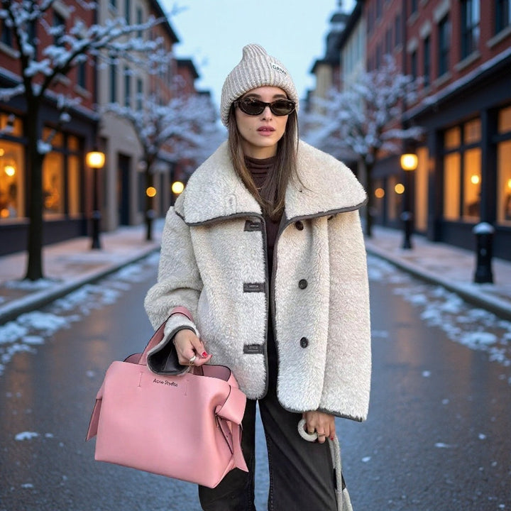 Dam kort skärning Faux Fur Field kappa med oversize Shawl krage och kontrasterande Piping