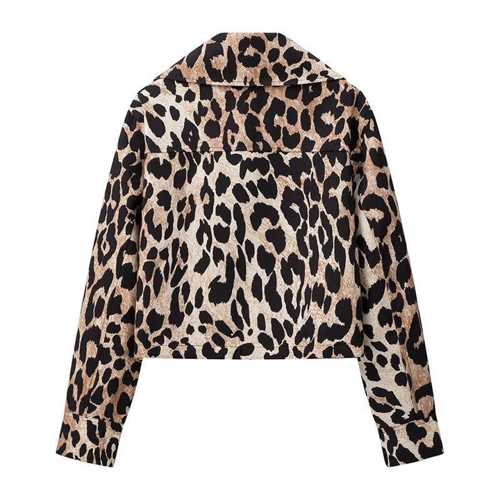 Dam cropped övergångsjacka med leopard mönster, hel dragkedja och flap fickor
