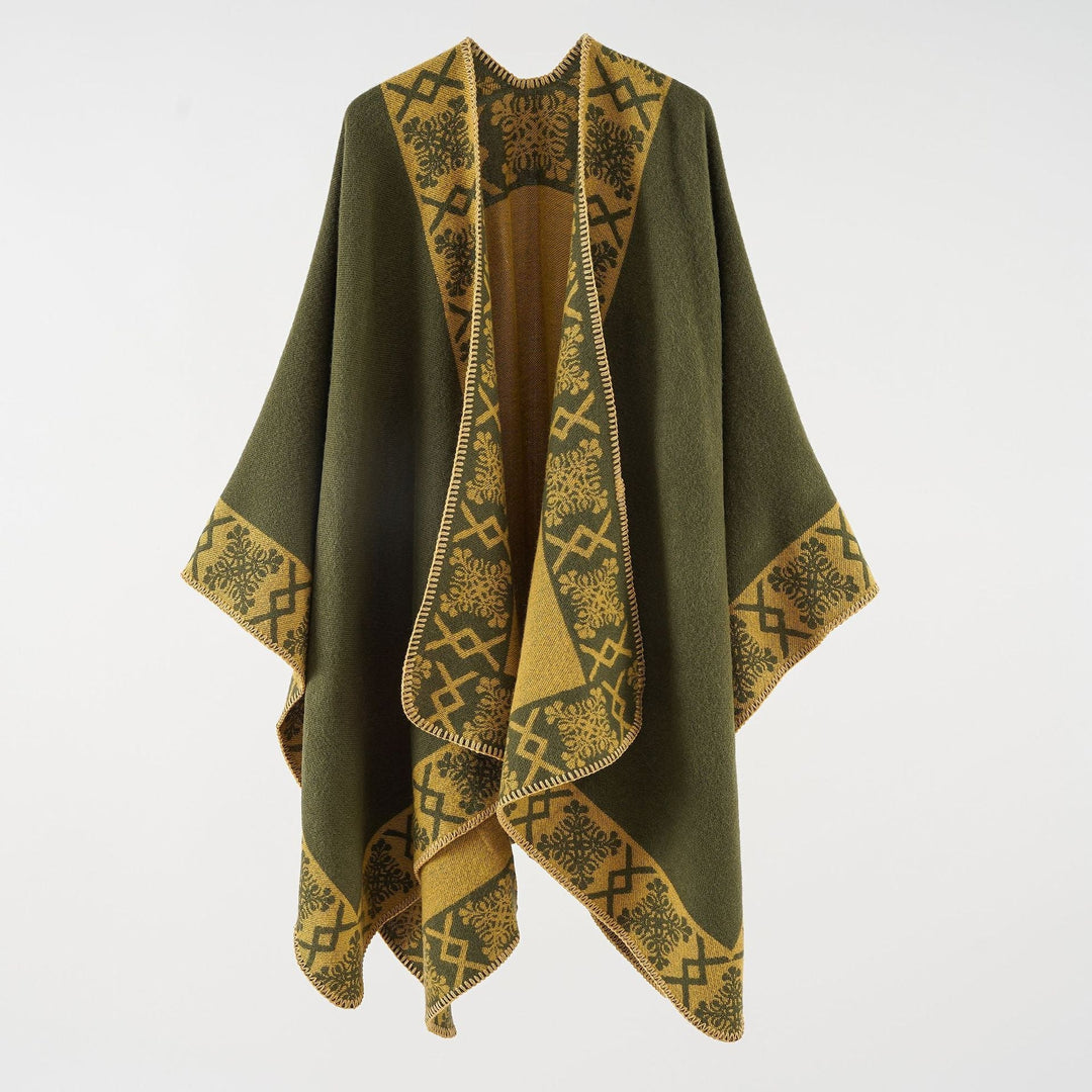 Dam oversized poncho cape tillverkad av ullblandning med woven border jacquard och decorative chain stitch